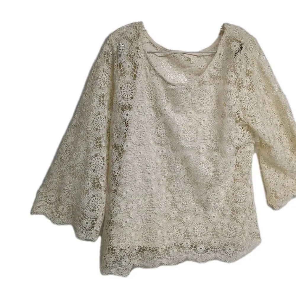 Crochet Top Women Large Layer 3/4 Sleeves Elegant Blouse / Tank Cream L